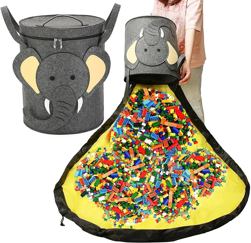 Green felt storage bag shown as both a flat play mat and gathered cube with pull rope closure