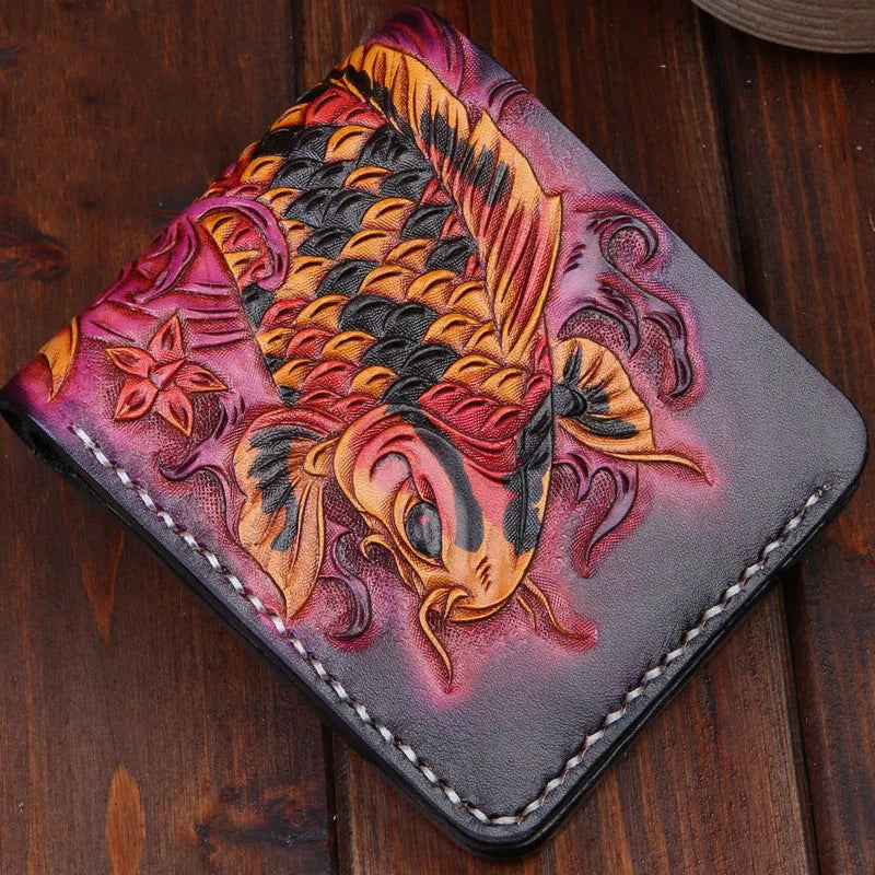 Men's carved cow leather short wallet in red, shown open with compact dimensions.