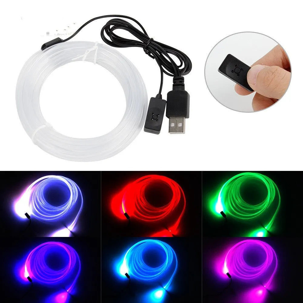 Flexible multicolour LED car ambient light strip with USB connector for 12V power.