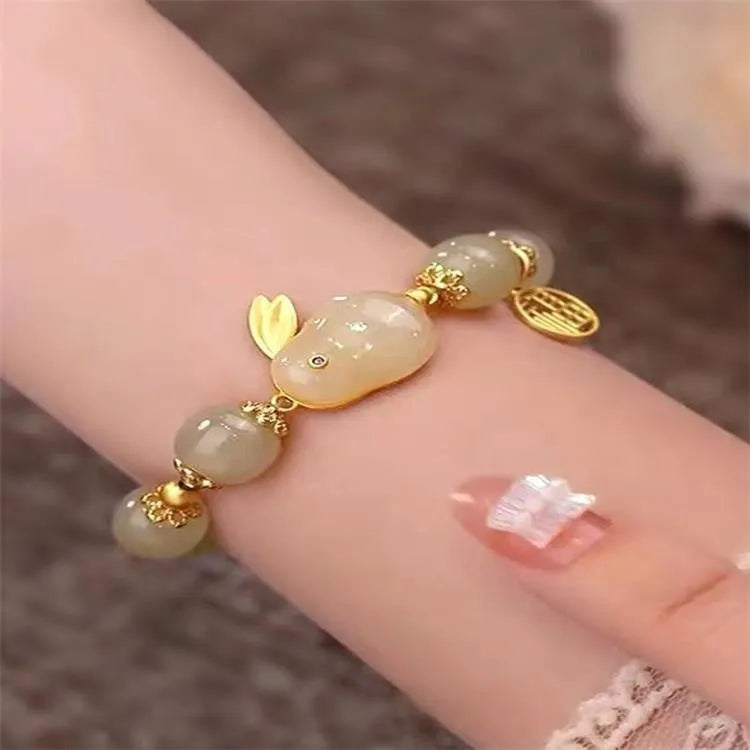 Green jade hare bracelet with Chinese zodiac design and electroplated finish