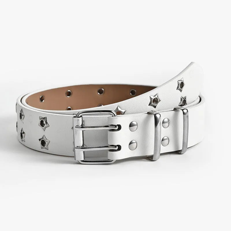 Women's fashion stars decorative double-row belt in imitation leather with alloy buckle, 110x3.3cm