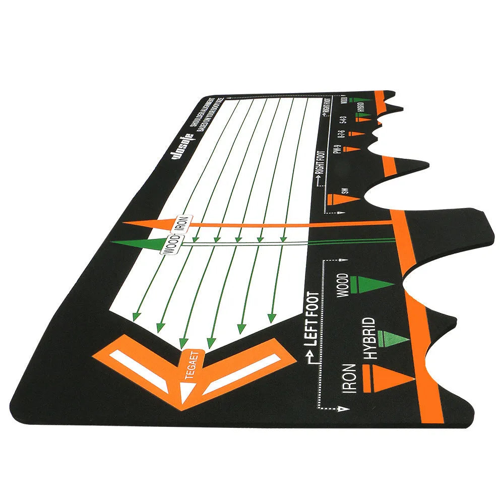 Black neoprene golf swing training pad for stance and posture correction on grass.