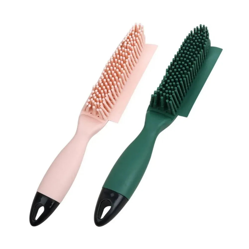 Green dog brush with pet hair remover and massage function next to wool sticker for fabric cleaning