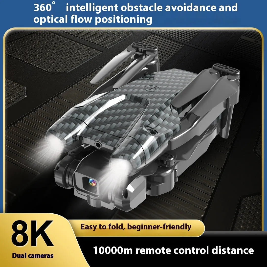 S138 black folding UAV drone with dual cameras and obstacle avoidance sensors, shown in a compact size.