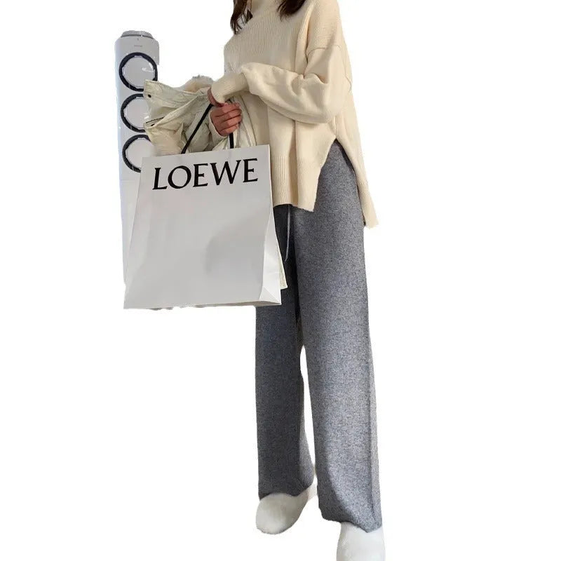 Women's cream white high waist wide-leg knitted trousers with dropped length