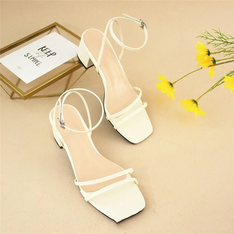 Beige women's sandals with a stiletto chunky heel, square toe, and a single ankle buckle.