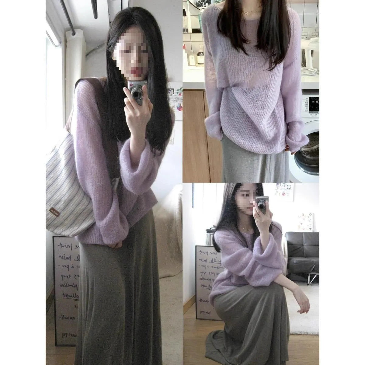 Purple women's round neck blouse with hollow-out detail and princess sleeves in lightweight ice silk fabric