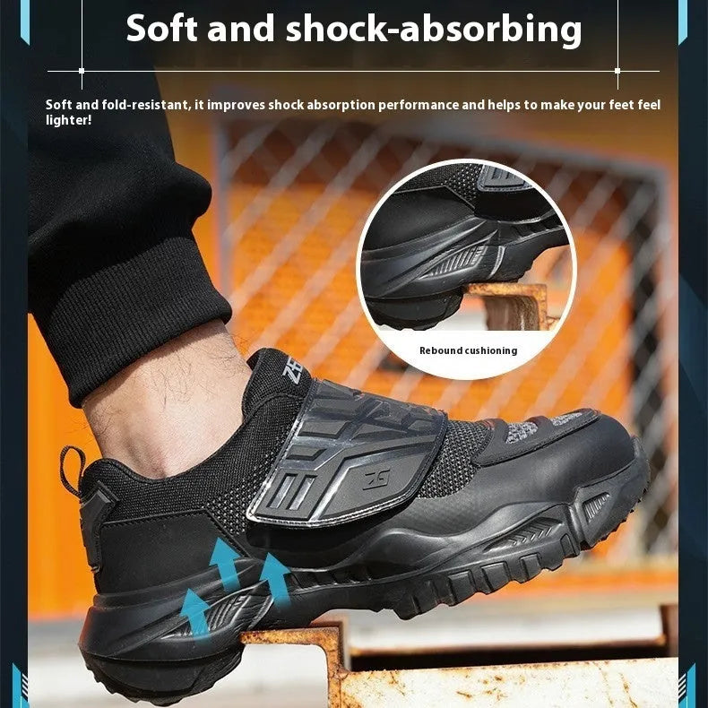 Black safety work shoes with steel toe cap and felt buckle closure on a white background