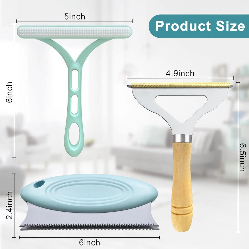 Three-piece pet hair remover set showing metal tool, silicone brush, and round ABS cleaner on a fabric surface.