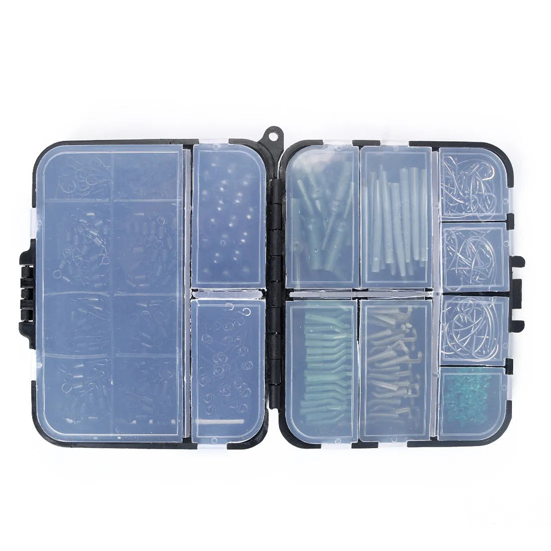 ANMUKA 420-piece space beam rotating fishing accessories set with swivels, pins, hooks, and storage box on a white background