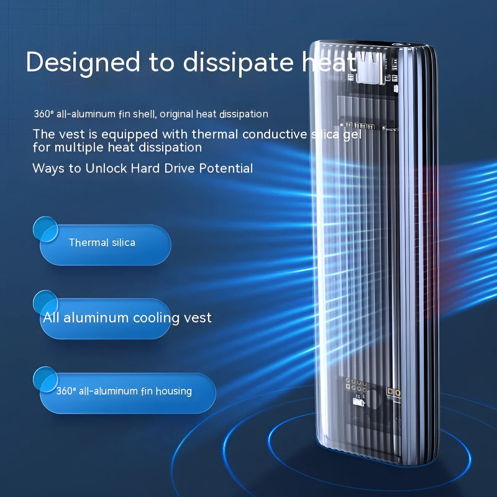 Aluminium external SSD enclosure for M.2 drives with included USB-C cable, heat vest, and thermal paste.