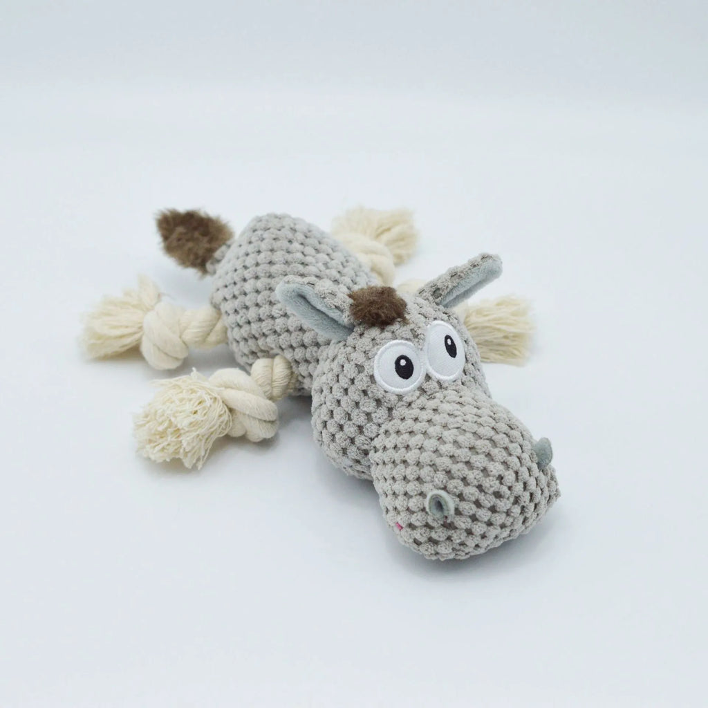 Grey donkey-shaped plush dog toy with creak sound mechanism measuring 27 cm long