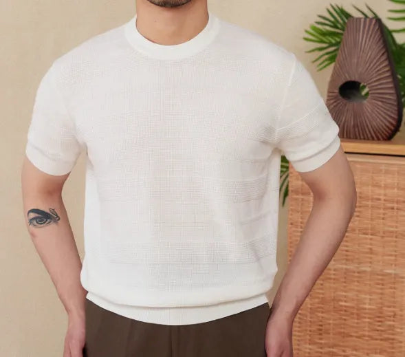 Men's beige retro-style pure cotton short-sleeve t-shirt on a hanger, showing round neck and standard sleeve design.