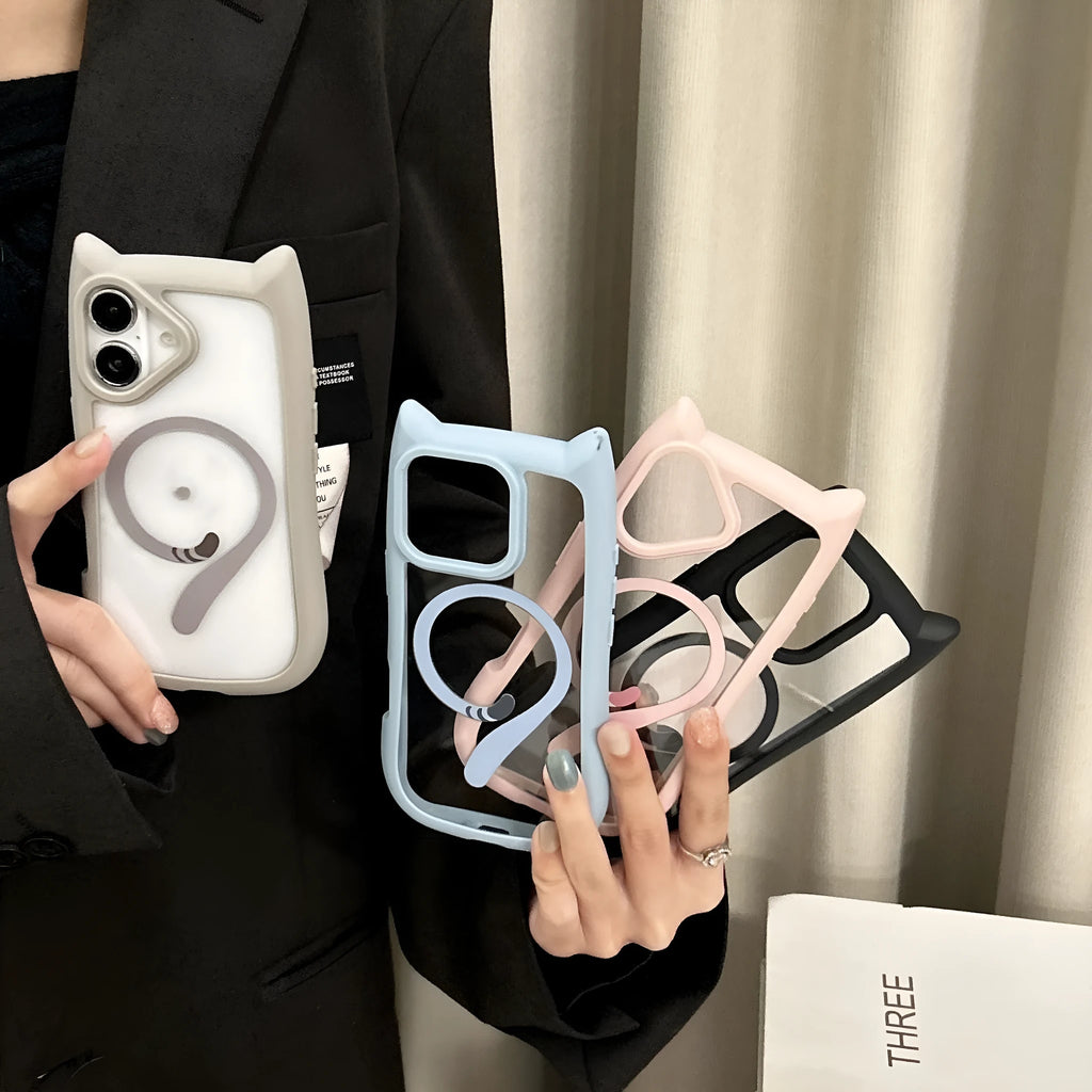 Transparent acrylic and TPU iPhone 17 phone case with magnetic suction in black, blue, grey, and pink colour options.
