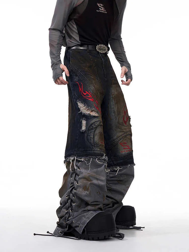 Men's retro jeans with detachable trouser legs in loose wide-leg fit and picture colour