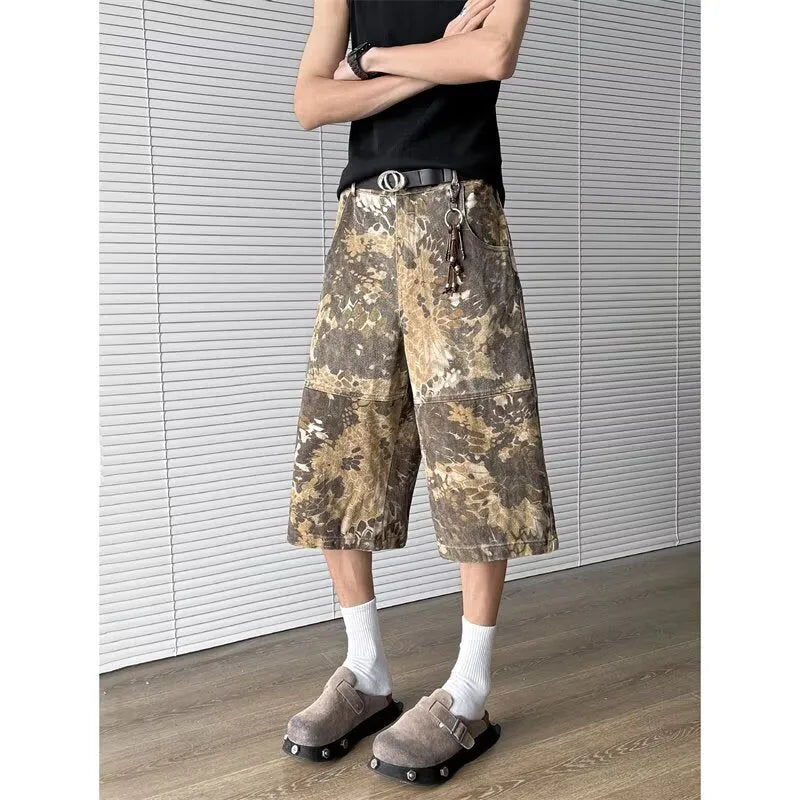 Yellow snake pattern camouflage cropped jeans on hanger