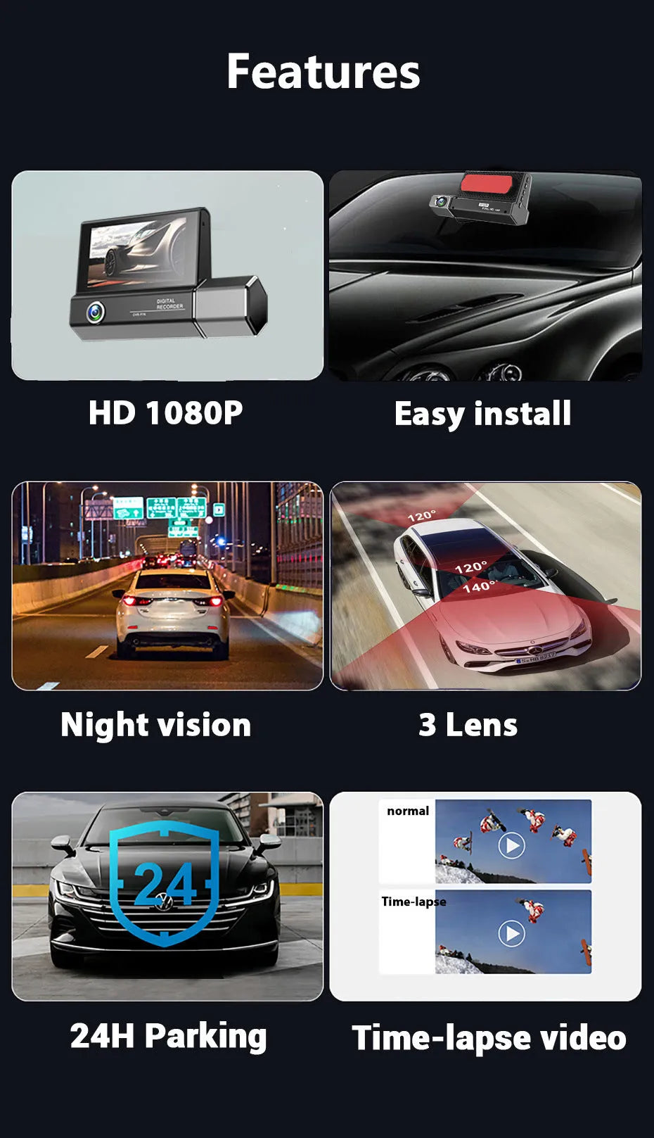 Black three-lens car dash cam with touch screen for 1080p HD vehicle recording