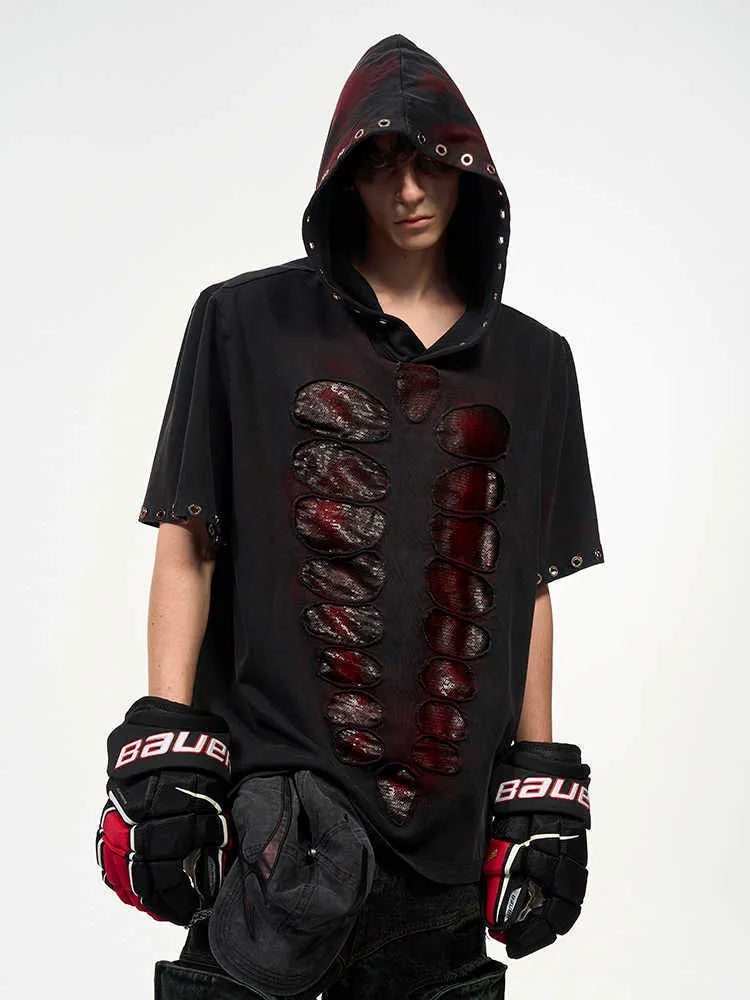 Black men's hooded T-shirt with short sleeves and all-over sequin design.