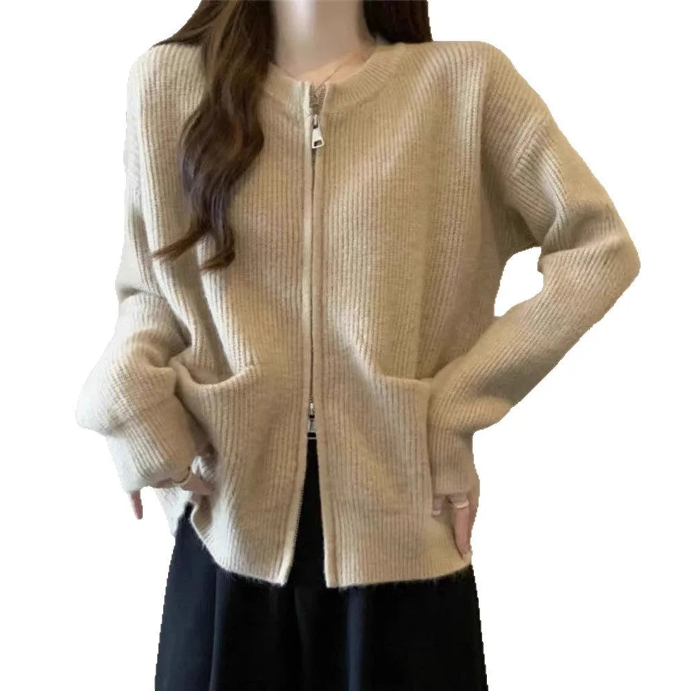 Women's beige soft wind sweater coat cardigan with long sleeves on hanger