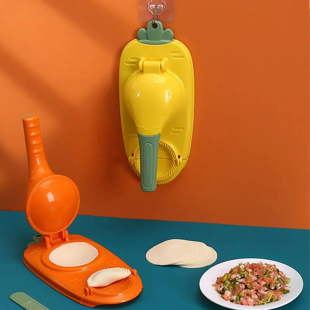 Manual plastic dumpling press tool with ergonomic handle and hanging hole for storage.