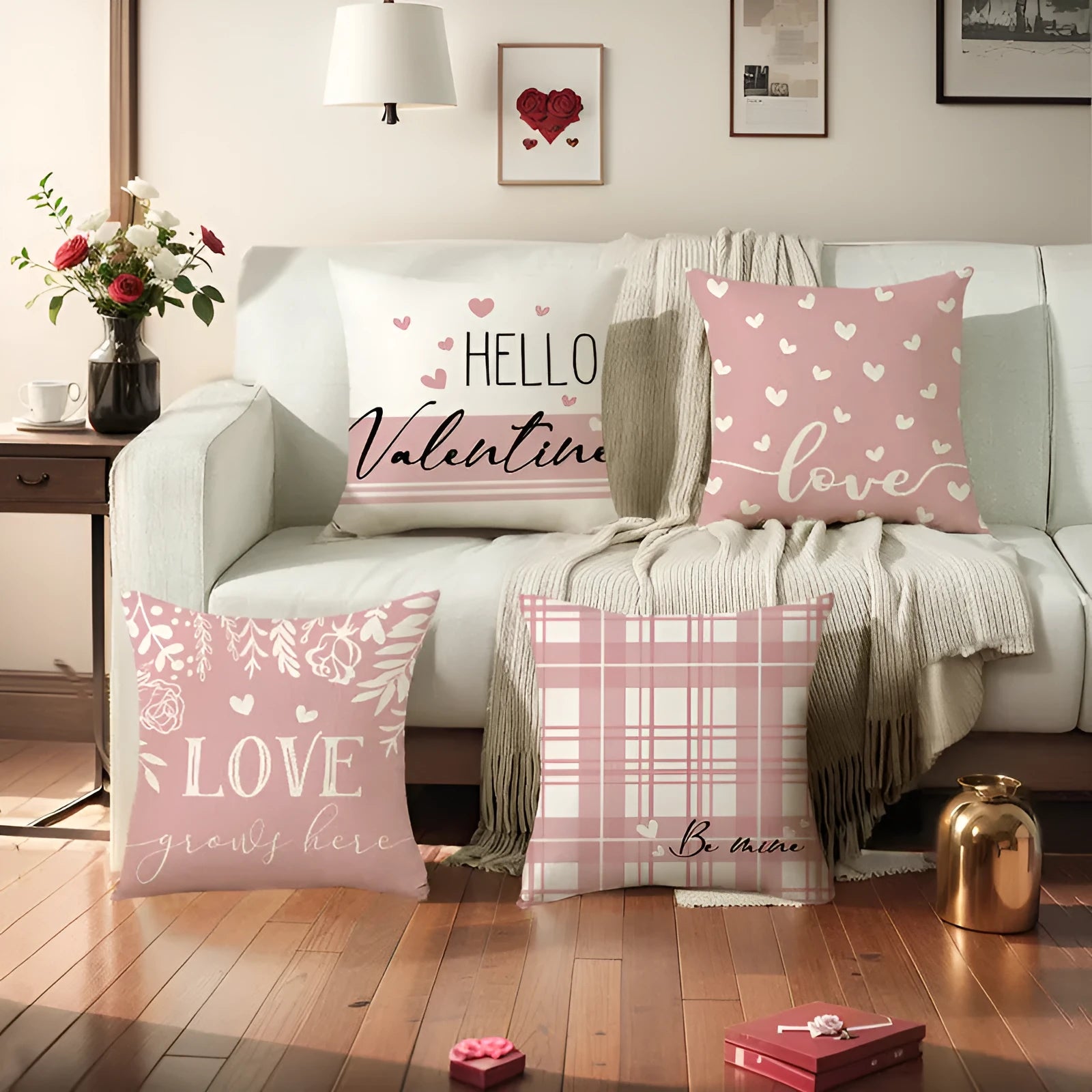 Square plaid heart printed Valentine's Day pillow cover in multiple colour options measuring 45x45cm