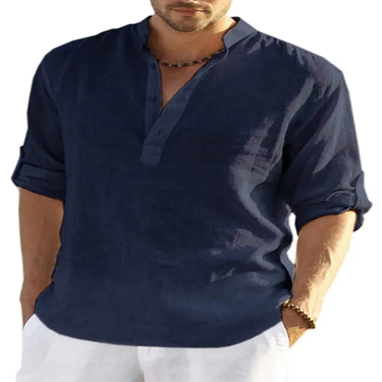 Men's solid colour cotton linen casual shirt with stand collar and long sleeves on a hanger.