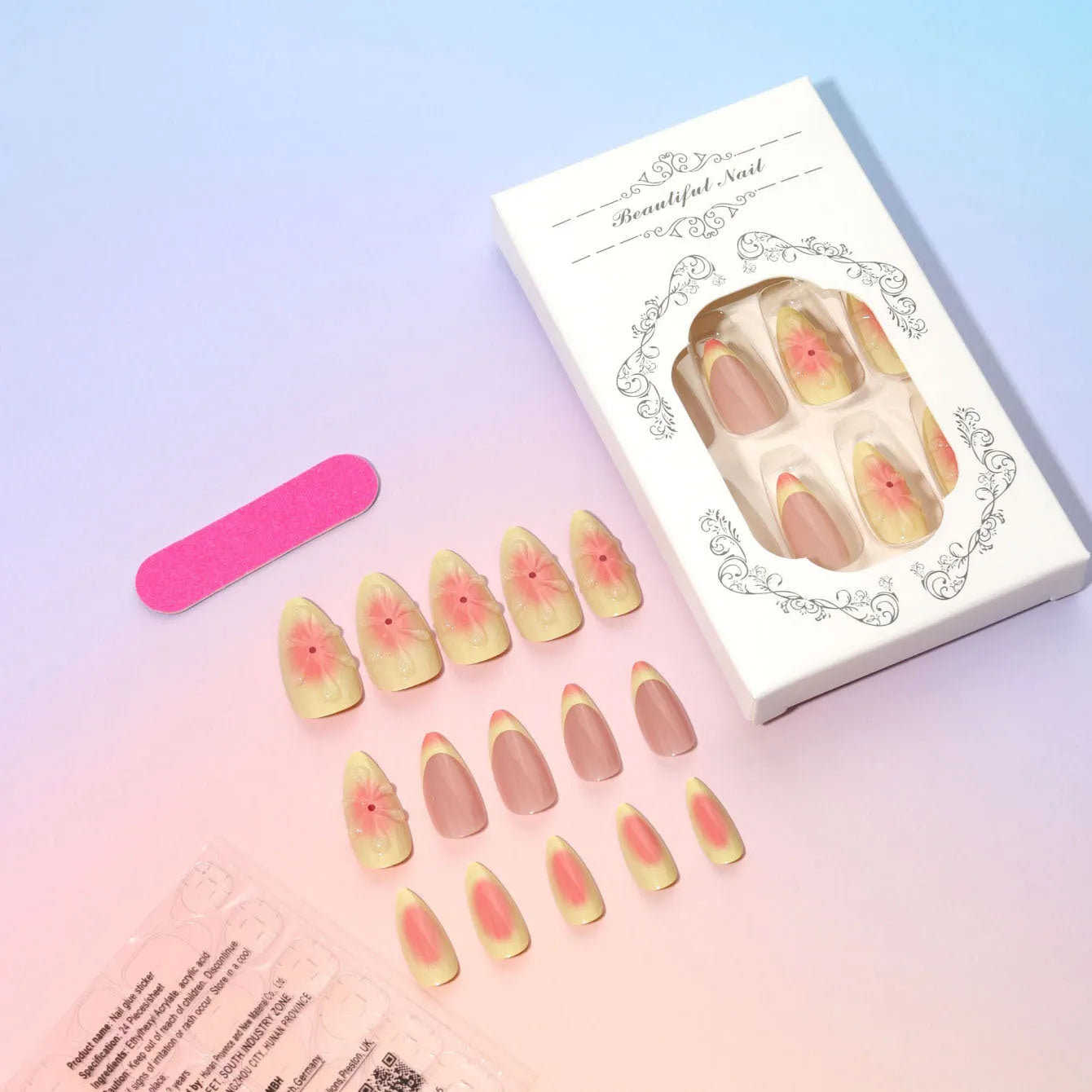 Detachable fake nails with 3D cartoon flower armour pieces in colour TY-318 with jelly glue and filing strip