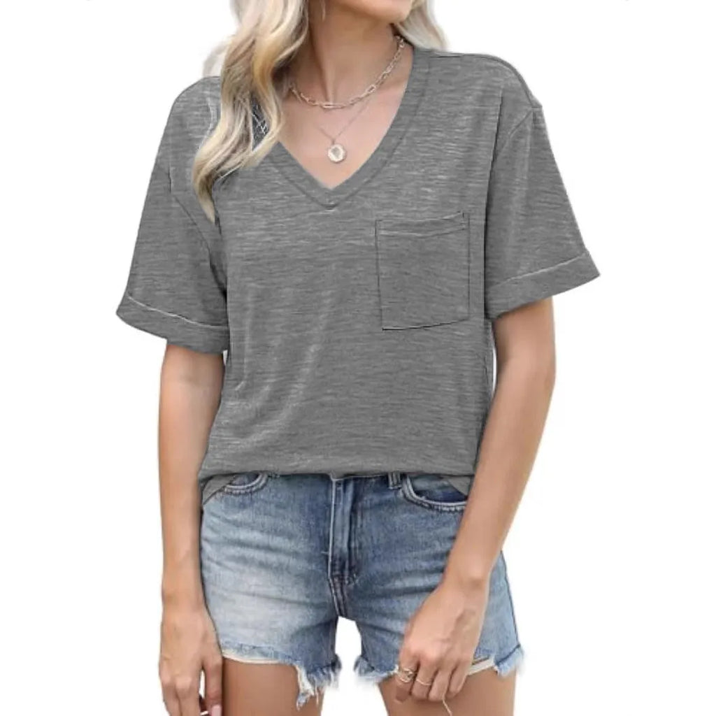 Grey loose casual V-neck T-shirt with chest pocket, short sleeves