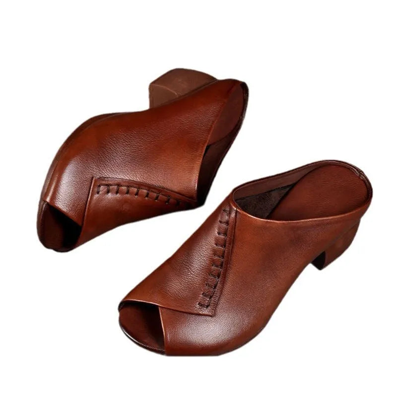 Women's black square heel peep-toe slippers with fish mouth scaffold design