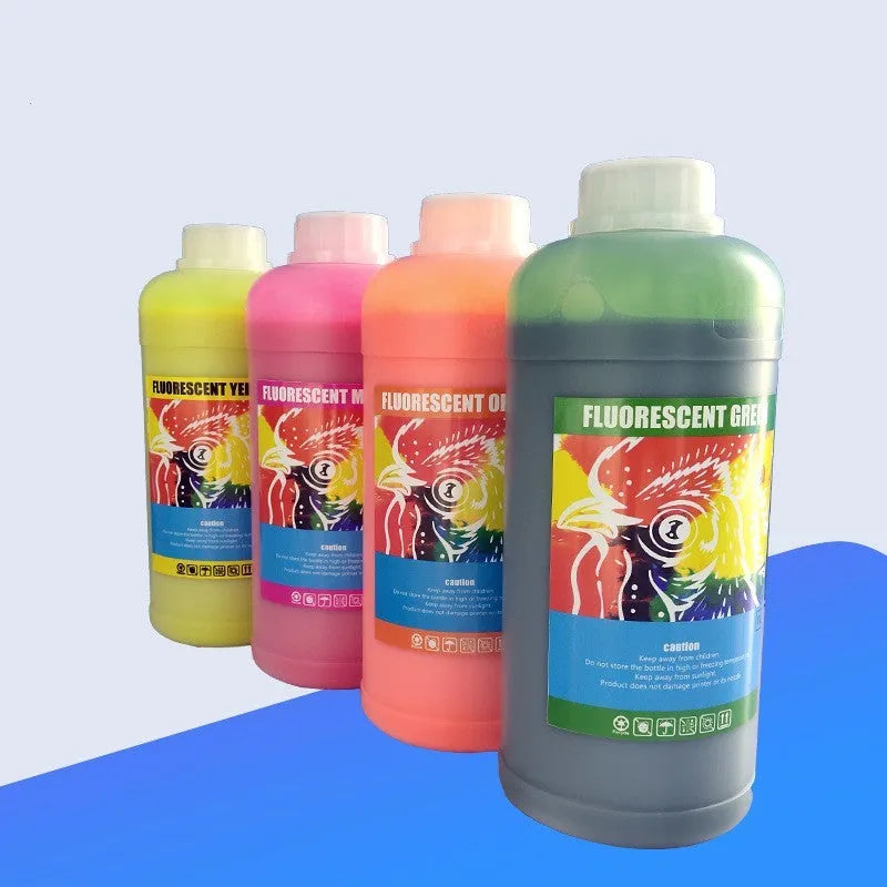 Bottle of fluorescent red pigment ink for PET film sublimation and screen printing.