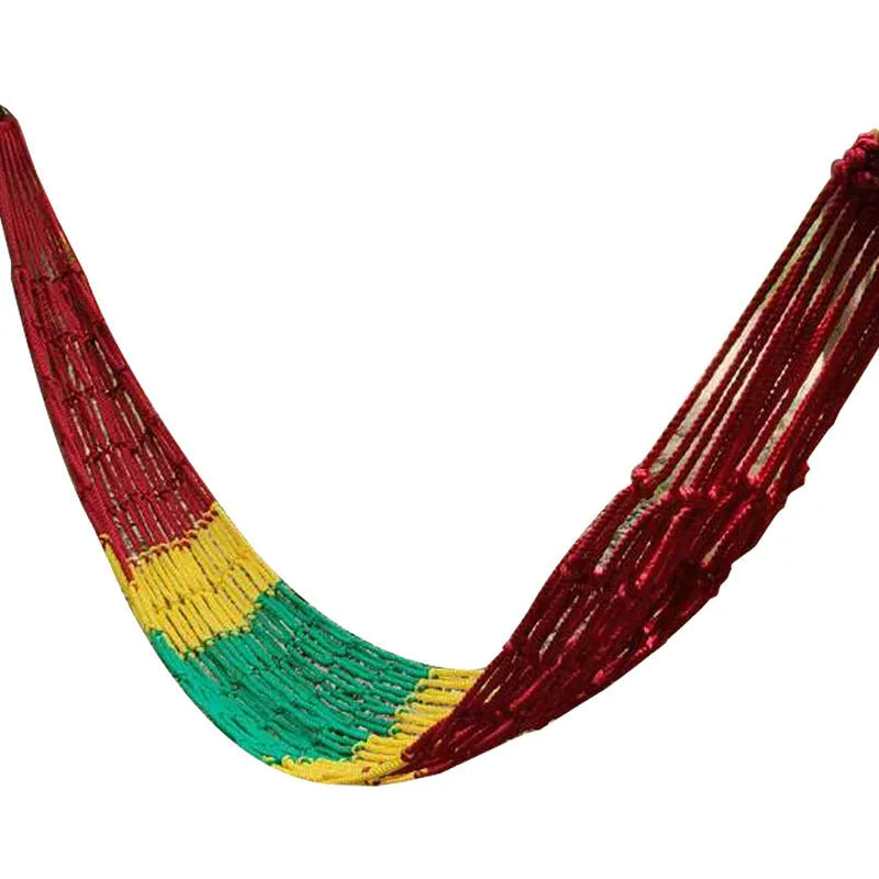 Nylon rope mesh hammock with tying system shown outdoors