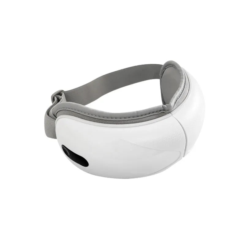 White rechargeable eye massager with hot compress function showing dimensions and ABS plastic construction