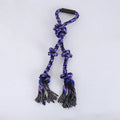 Blue and yellow dog rope toy with ergonomic handle for large breed aggressive chewers