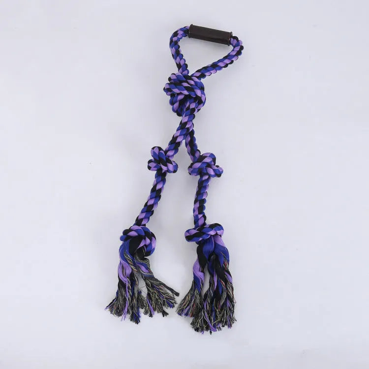 Blue and yellow dog rope toy with ergonomic handle for large breed aggressive chewers