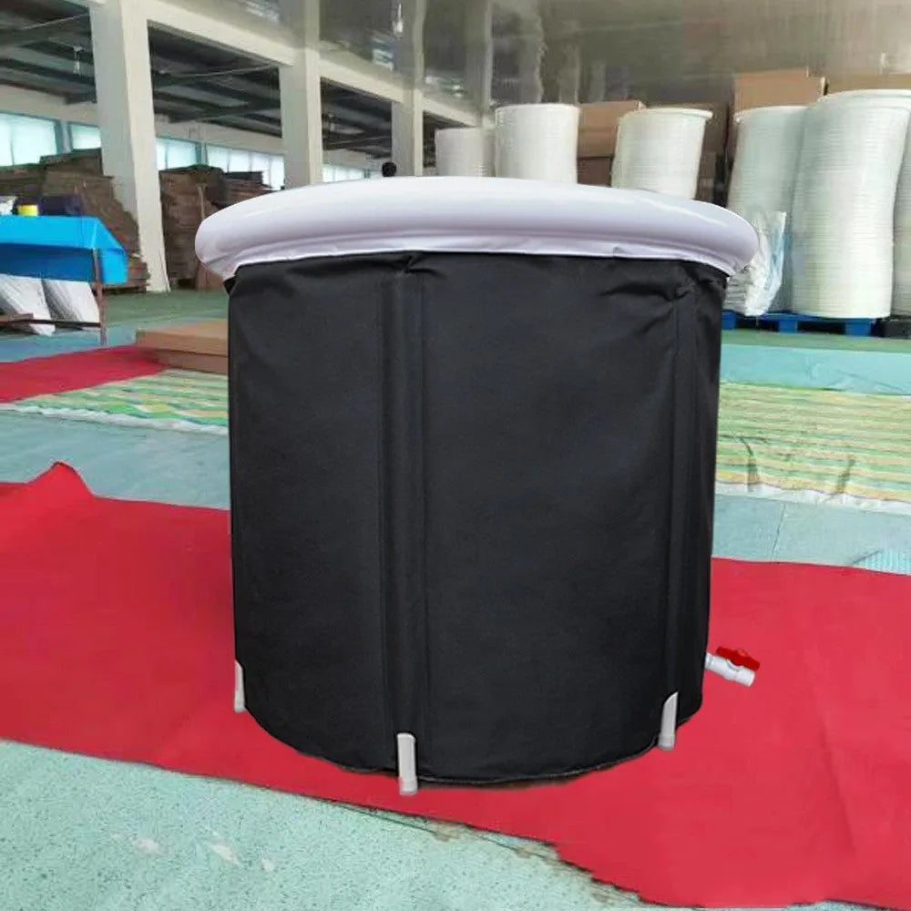Black portable inflatable ice bath tub with weather lid showing 70x80cm dimensions for cold therapy recovery