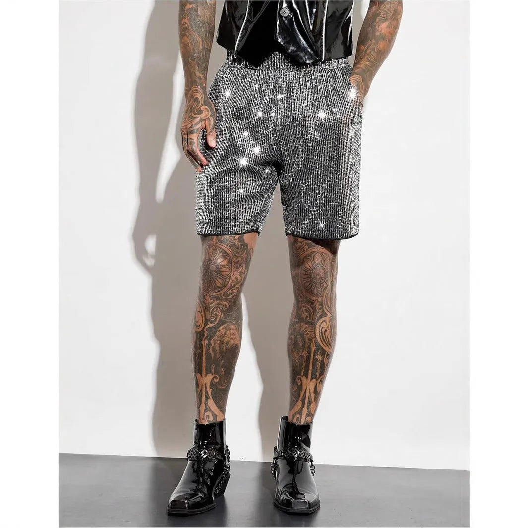 Men's shiny sequin straight shorts with elastic waistband in silver colour