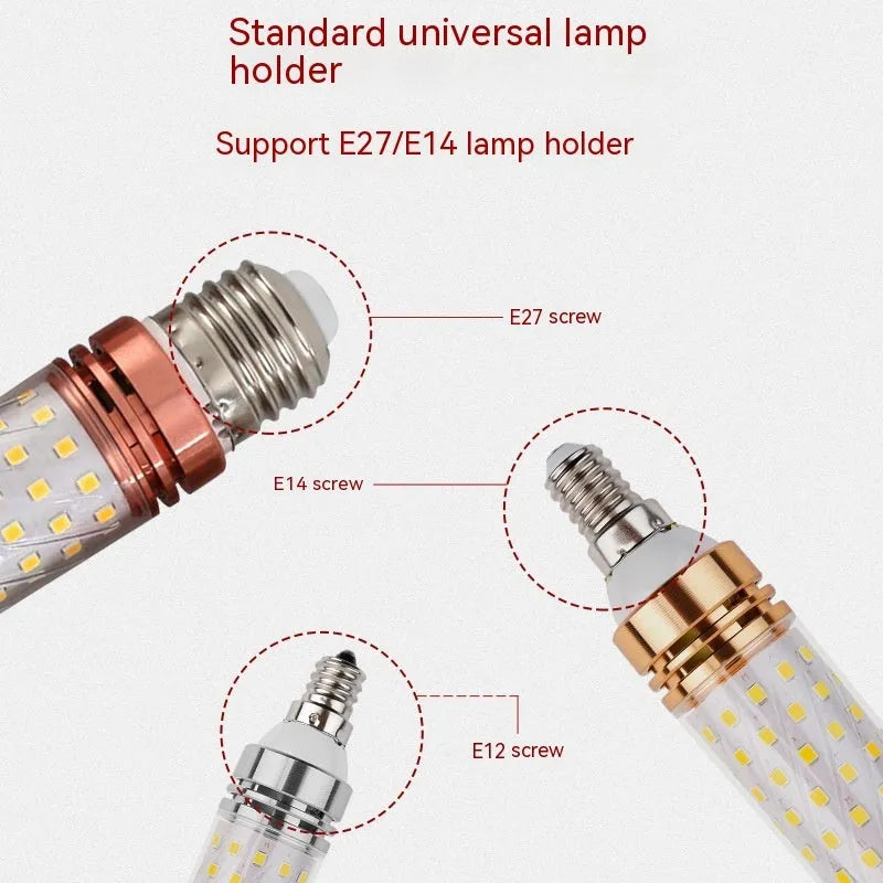 E14 screw cap corn cob LED light bulb with 60 small white LEDs visible, showing three colour temperature options.