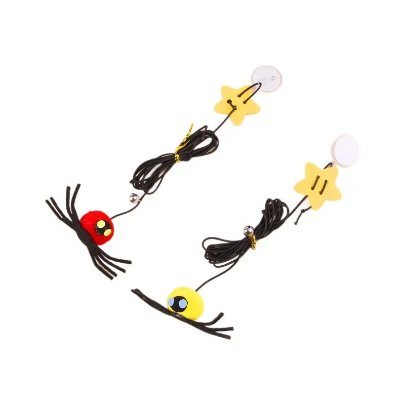 Red or yellow elastic rope cat toy with feather stick and fabric spider bell hanging from a door