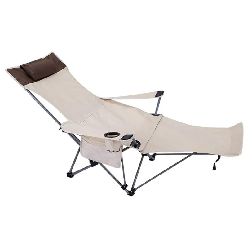 Portable folding recliner chair in beige for outdoor and office use, folded for storage