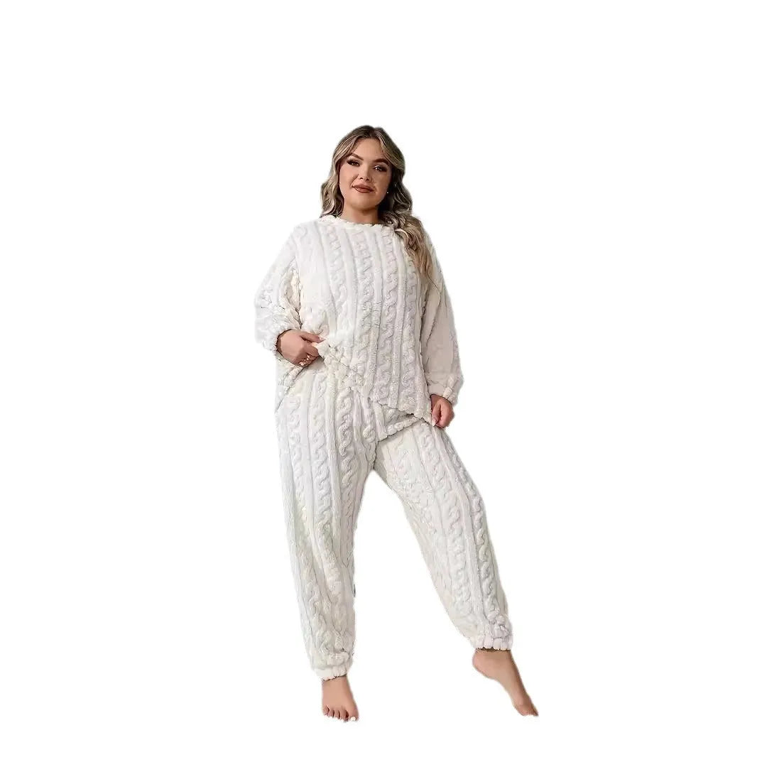 Women's creamy white polyester two-piece lounge set with crew neck top and matching trousers