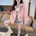 Women's loose-fit short hood cardigan in apricot with zipper pocket, polyester fabric, casual style