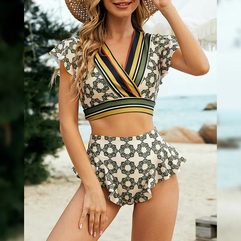 Green flounced backless bikini with lace-up detail and V-neck front for swimming