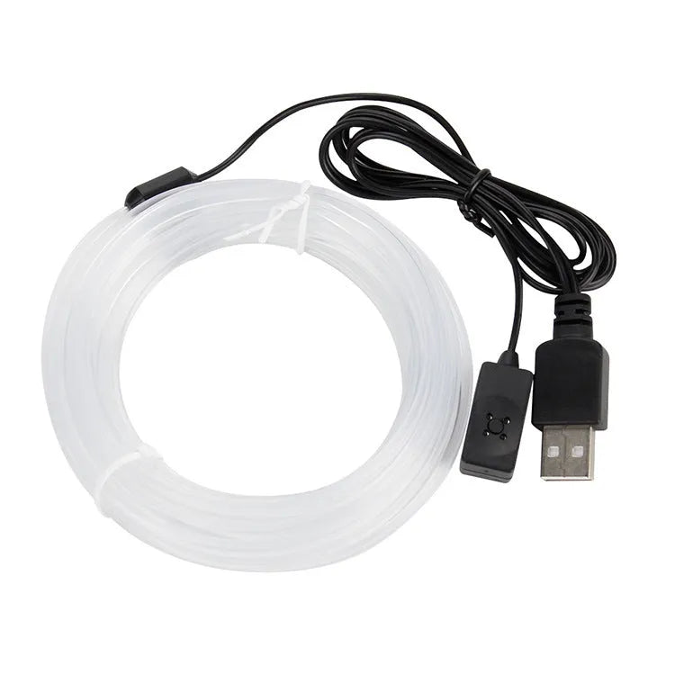 Flexible multicolour LED car ambient light strip with USB connector for 12V power.