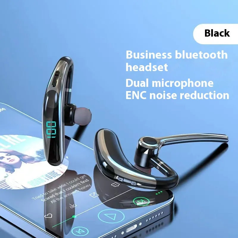 Wireless Bluetooth single-ear headset with digital display, ear-mounted design in black or white