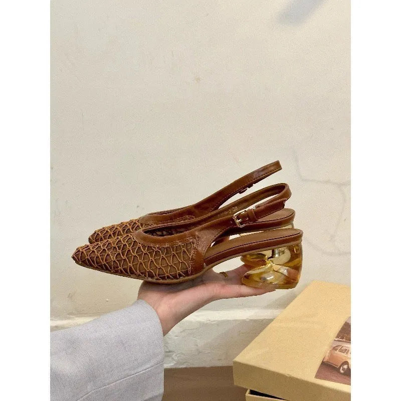 Women's apricot square toe sandals with woven detail and a slingback strap on a white background.