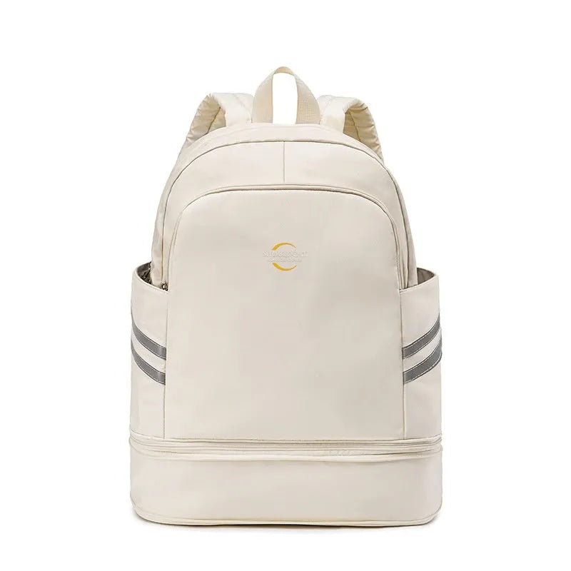 Large beige unisex backpack with dry-wet separation compartments and curved shoulder straps