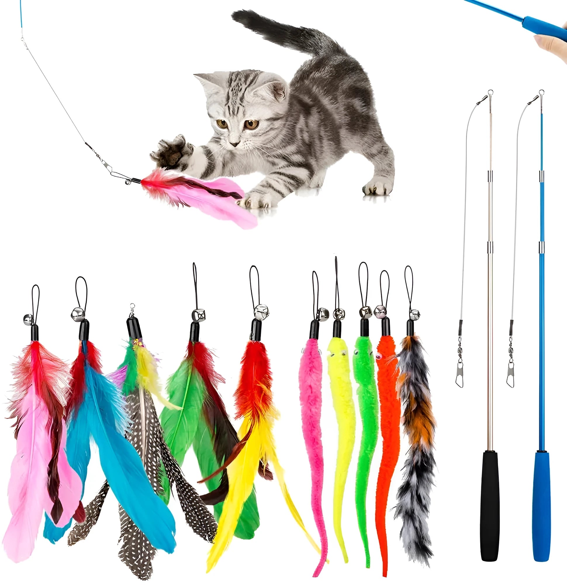 Cat teasing fishing rod set with two extendable poles and ten feather attachments
