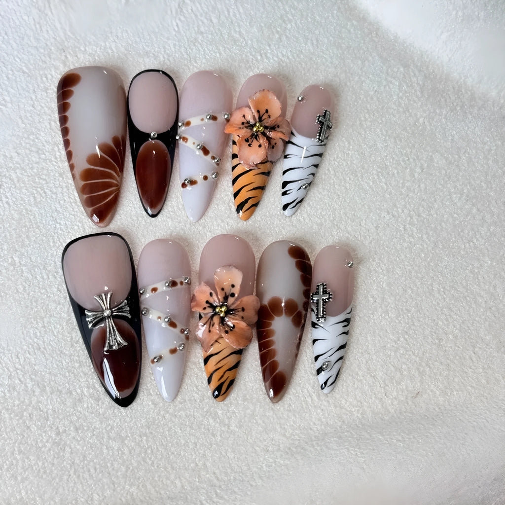 French style leopard print decorative nail stickers in cross, flower and leopard patterns