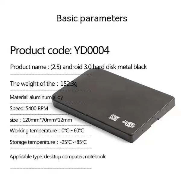 Silver USB 3.0 solid state external hard drive with metal shell and data cable