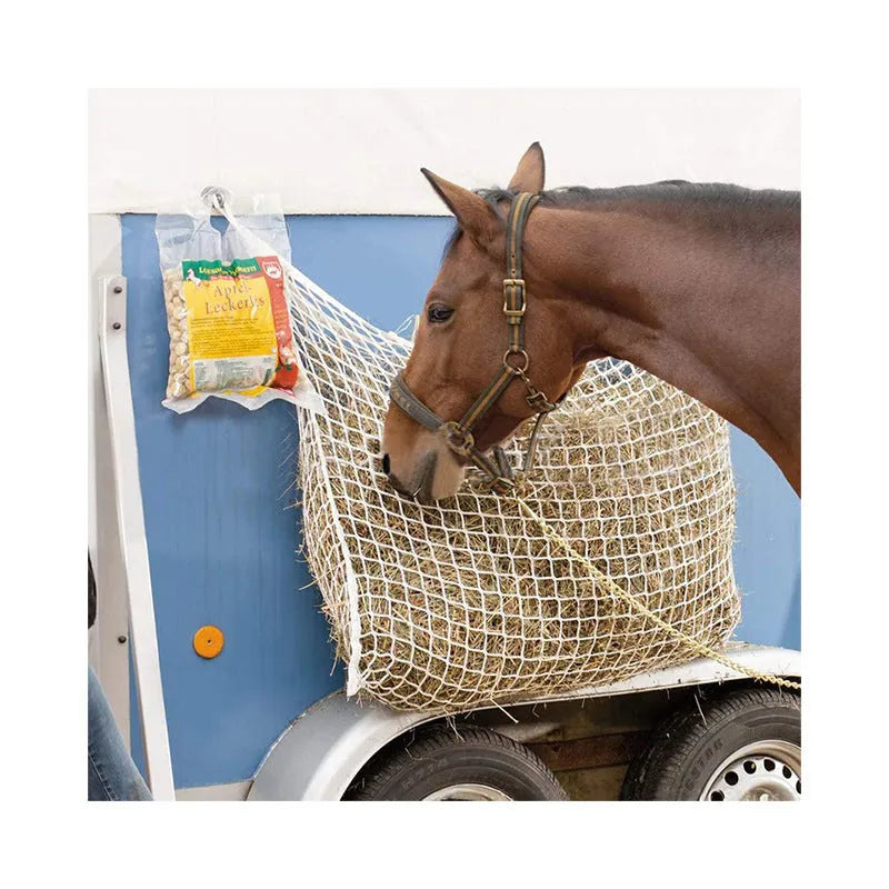Woven grid hanging feeding bag for horses and cattle in black or white colour options